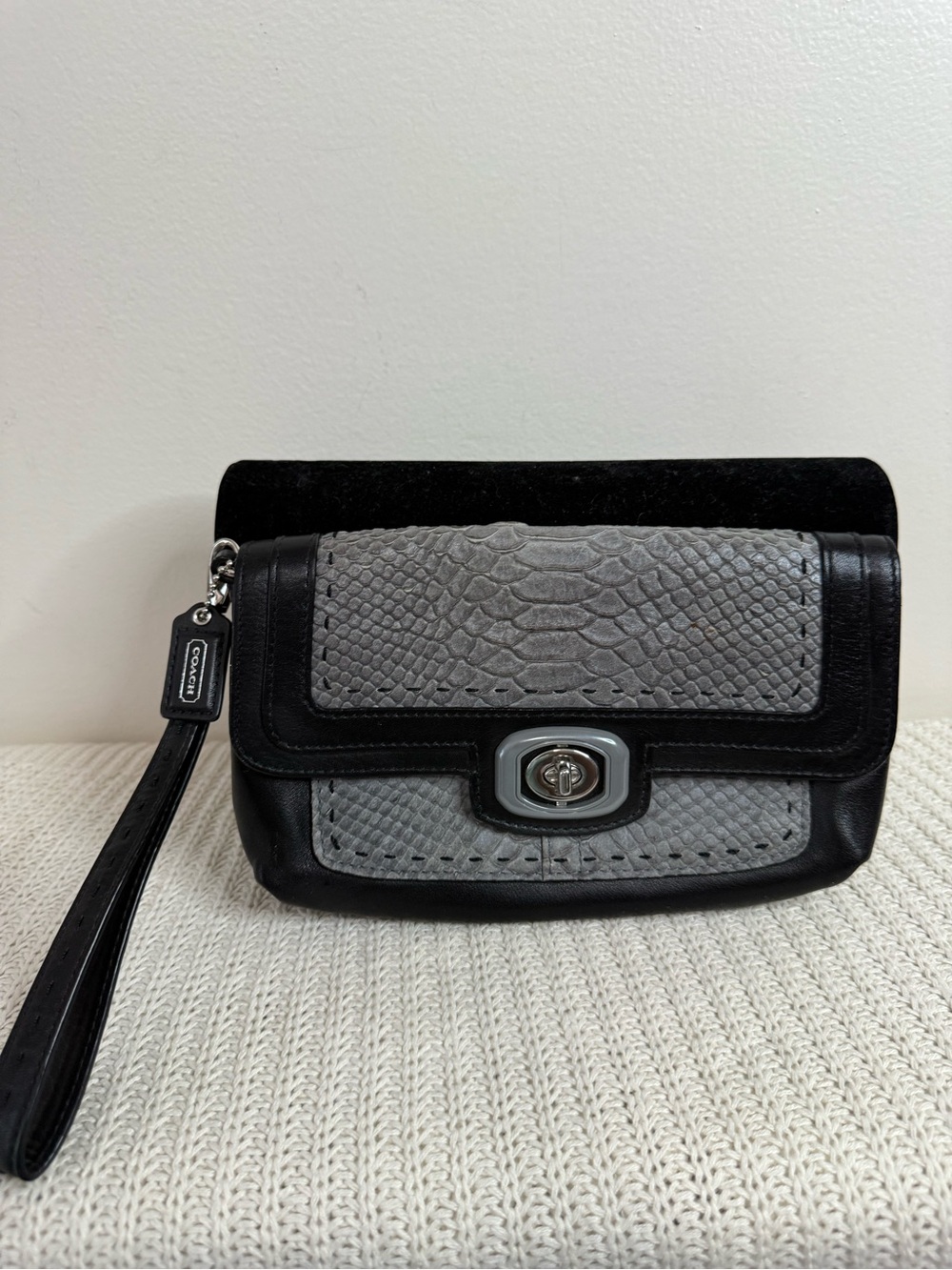 Coach Black & Grey Textured Leather Wristlet Clutch